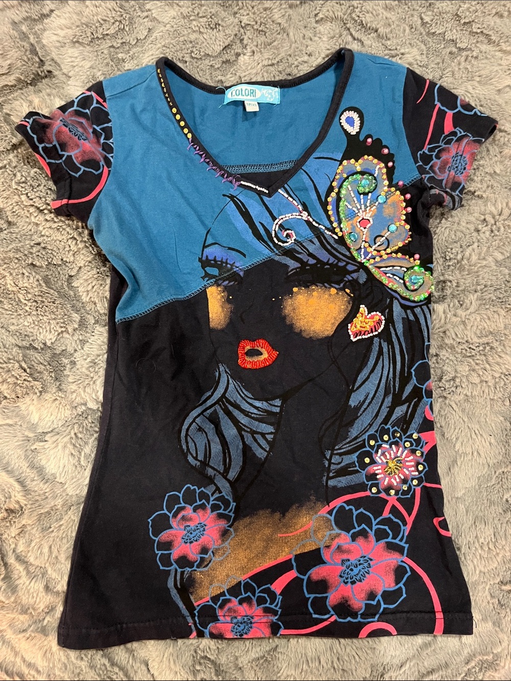 Colorin Vintage Colorful Top With Beads Details
